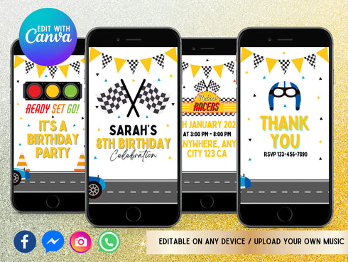 Car Race Birthday Video Invitation, Digital Cars Birthday Party, Animated Race Car Mobile Invite, Instant Download Race Cars Template
