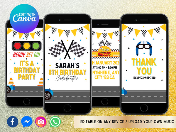Car Race Birthday Video Invitation, Digital Cars Birthday Party, Animated Race Car Mobile Invite, Instant Download Race Cars Template