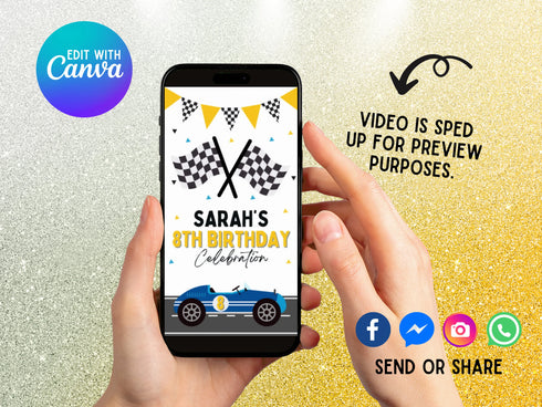 Car Race Birthday Video Invitation, Digital Cars Birthday Party, Animated Race Car Mobile Invite, Instant Download Race Cars Template
