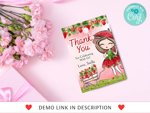Strawberry Thank You Gift Tag Template, Berry First Birthday Favor Tags, Strawberry Favors, Printable Gift Tag, Girls First Birthday