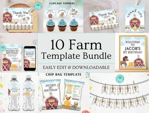 Farm Birthday Bundle, Boys 1st Birthday Invite, Farm Animals, Barn Animals, Barnyard, Ranch, Printable First Birthday Party Decor Ideas