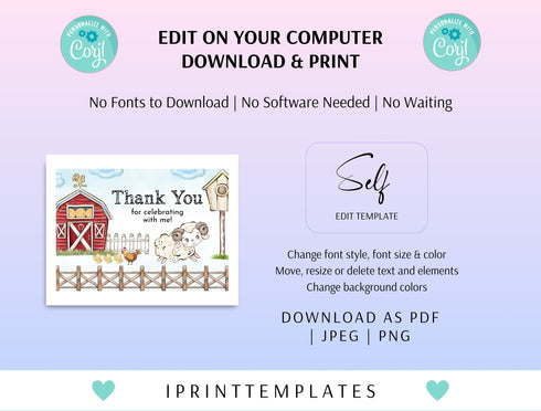 Farm Birthday Thank You Card, Farm Animals Thank You Note, Farm Thank You Note, Farm Thank You Card, Instant Download, Corjl