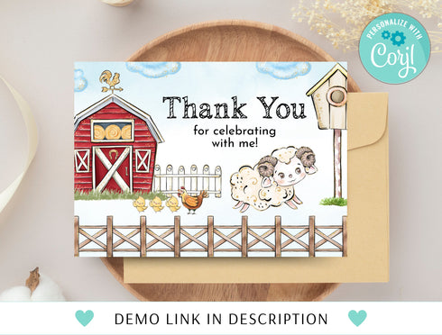 Farm Birthday Thank You Card, Farm Animals Thank You Note, Farm Thank You Note, Farm Thank You Card, Instant Download, Corjl