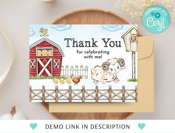 Farm Birthday Thank You Card, Farm Animals Thank You Note, Farm Thank You Note, Farm Thank You Card, Instant Download, Corjl