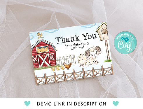 Farm Birthday Thank You Card, Farm Animals Thank You Note, Farm Thank You Note, Farm Thank You Card, Instant Download, Corjl