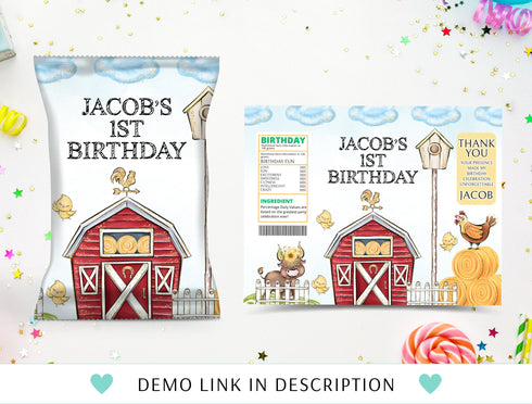 Editable Farm Chip Bag Wrapper, Farm Birthday Decorations, Farm Animals Theme Party Printable Labels, Barnyard Chip Bag Labels, Corjl