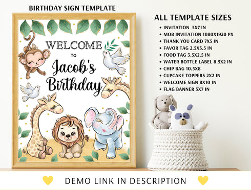Editable Safari Birthday Invitation Bundle Template, Safari Welcome Custom Sign, Safari Label, Safari Party Decor, Safari Birthday