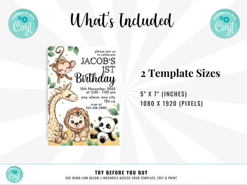 Editable Safari Birthday Invitation, Wild One 1st Birthday Invite, Jungle Animals Invitations, Printable Template, Jungle Birthday Boy