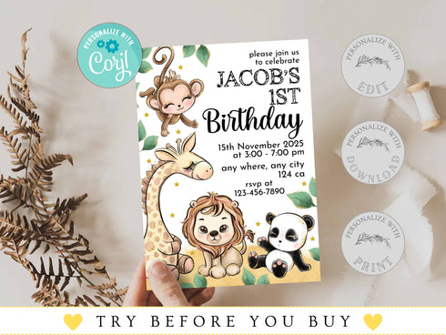 Editable Safari Birthday Invitation, Wild One 1st Birthday Invite, Jungle Animals Invitations, Printable Template, Jungle Birthday Boy