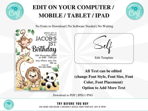 Editable Safari Birthday Invitation, Wild One 1st Birthday Invite, Jungle Animals Invitations, Printable Template, Jungle Birthday Boy