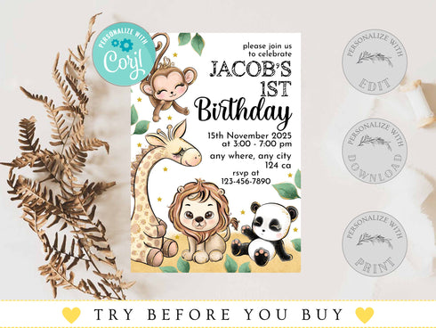 Editable Safari Birthday Invitation, Wild One 1st Birthday Invite, Jungle Animals Invitations, Printable Template, Jungle Birthday Boy