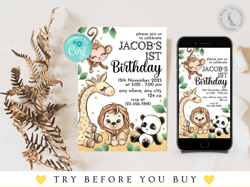 Editable Safari Birthday Invitation, Wild One 1st Birthday Invite, Jungle Animals Invitations, Printable Template, Jungle Birthday Boy