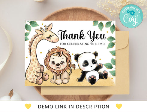 Editable Safari Birthday Thank You Card, Boy Wild One 1st Birthday Note Card, Gold Jungle Animals Printable Template Instant Download