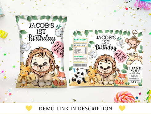 Safari Birthday Printable Chip Bag, Editable Safari Animals Favors Chip Bag Label, Jungle Safari Corjl Chip Bag Template, Instant Download