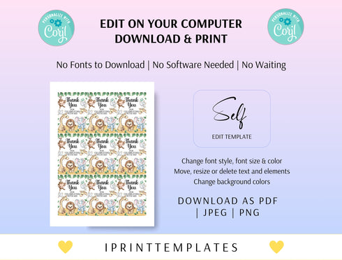 Editable Safari Favor Tags, Boy Wild One 1st Birthday Thank You Tags, Gold Jungle Animals Gift Tag, Printable Template Instant Download