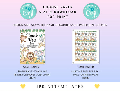 Editable Safari Favor Tags, Boy Wild One 1st Birthday Thank You Tags, Gold Jungle Animals Gift Tag, Printable Template Instant Download