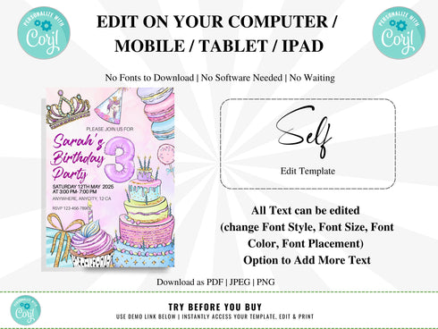 Editable Birthday Cake Party Invitation Template, Girls Birthday Party, Cake Birthday Invite, Sweet Candy Party Invite, Printable