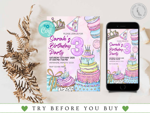Editable Birthday Cake Party Invitation Template, Girls Birthday Party, Cake Birthday Invite, Sweet Candy Party Invite, Printable