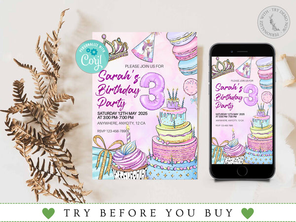 Editable Birthday Cake Party Invitation Template, Girls Birthday Party, Cake Birthday Invite, Sweet Candy Party Invite, Printable