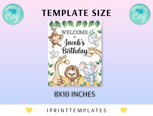 Editable Safari Birthday Welcome Sign,boy Jungle Animals Birthday Sign, Gold Wild One Theme Digital Instant Download, Corjl