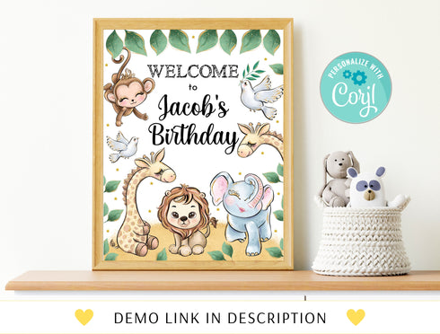 Editable Safari Birthday Welcome Sign,boy Jungle Animals Birthday Sign, Gold Wild One Theme Digital Instant Download, Corjl