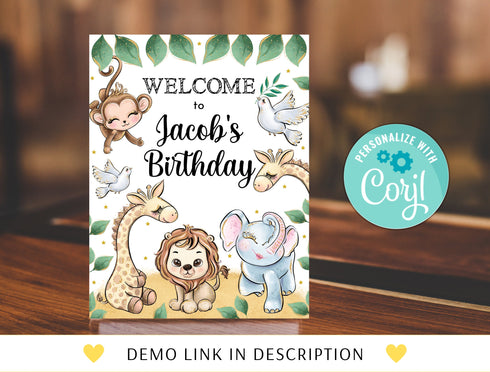 Editable Safari Birthday Welcome Sign,boy Jungle Animals Birthday Sign, Gold Wild One Theme Digital Instant Download, Corjl