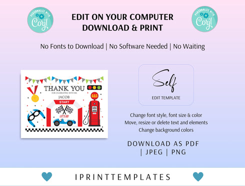Race Car Thank You Card, Editable Birthday Thank You Card, Racecar 6th Birthday Note Card, Racing Car, Racecar Printable Instant Download