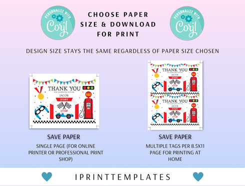Race Car Thank You Card, Editable Birthday Thank You Card, Racecar 6th Birthday Note Card, Racing Car, Racecar Printable Instant Download