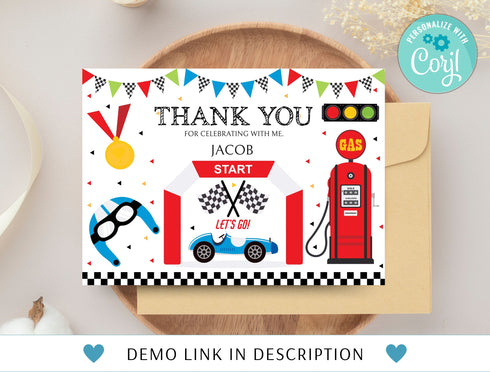Race Car Thank You Card, Editable Birthday Thank You Card, Racecar 6th Birthday Note Card, Racing Car, Racecar Printable Instant Download
