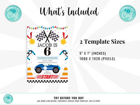 Editable Race Car Invitation, Birthday Kids Party Invite, Sport Car Birthday Invitation, Cars Birthday Invitation, Race Car Birthday