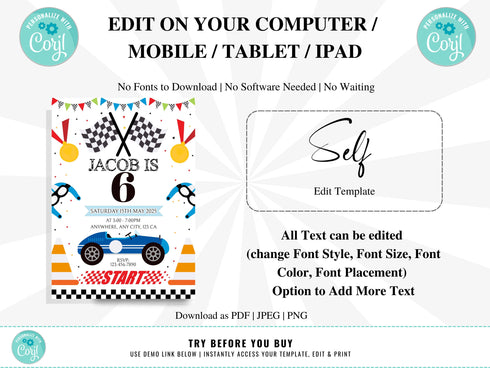 Editable Race Car Invitation, Birthday Kids Party Invite, Sport Car Birthday Invitation, Cars Birthday Invitation, Race Car Birthday