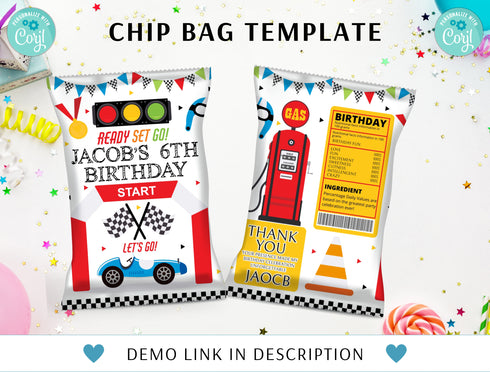 Editable Race Car Chip Bag Label, Racecar Party Labels, Racing Car Birthday Party Decor, Racing 6th Birthday, Printable Digital Download