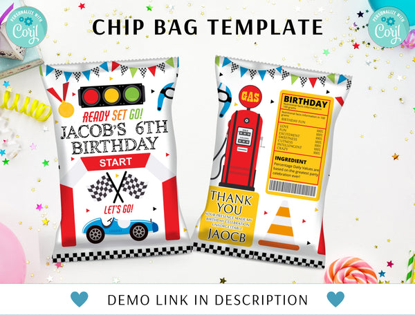Editable Race Car Chip Bag Label, Racecar Party Labels, Racing Car Birthday Party Decor, Racing 6th Birthday, Printable Digital Download