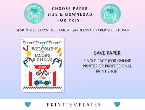Editable Race Car Birthday Party Welcome Signs, Racecar Welcome Sign Decorations, Racing Birthday Party Sign Instant Download, Printable