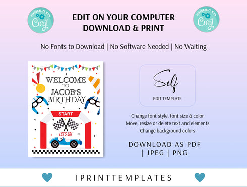 Editable Race Car Birthday Party Welcome Signs, Racecar Welcome Sign Decorations, Racing Birthday Party Sign Instant Download, Printable