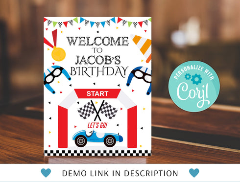 Editable Race Car Birthday Party Welcome Signs, Racecar Welcome Sign Decorations, Racing Birthday Party Sign Instant Download, Printable