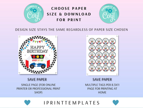Editable Race Car Cupcake Toppers, Favor Tags Birthday Party Decoration, Vintage Car Birthday, Race Car Download Digital