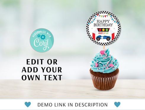 Editable Race Car Cupcake Toppers, Favor Tags Birthday Party Decoration, Vintage Car Birthday, Race Car Download Digital