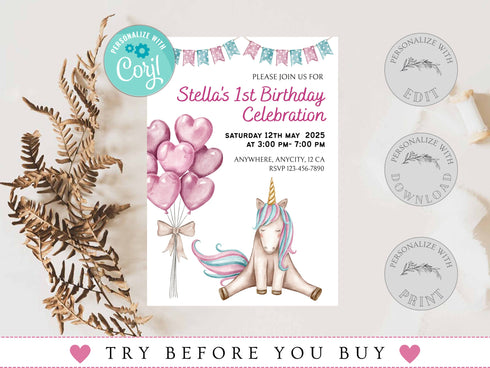 Unicorn Party Invitation, Girls Unicorn Invitation, Rainbow Unicorn Party Invitation, Magical Birthday Party Invitation, Unicorn Invite