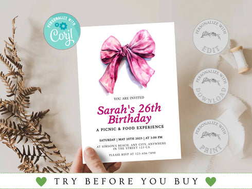 Pink Bow Birthday Invitation, Girl Coquette Invite, Editable Party Invite, Digital Invitation Template, Printable Invite, Instant Download