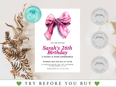 Pink Bow Birthday Invitation, Girl Coquette Invite, Editable Party Invite, Digital Invitation Template, Printable Invite, Instant Download