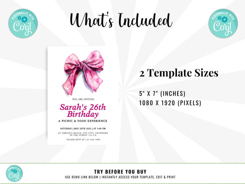 Pink Bow Birthday Invitation, Girl Coquette Invite, Editable Party Invite, Digital Invitation Template, Printable Invite, Instant Download