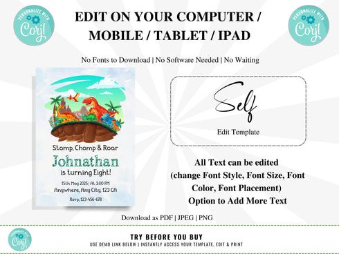 Dinosaur Birthday Invitation, Dinosaur Party Invite, Dinosaur Birthday Invite Boys, Cute Dinosaur Invite Digital, Editable Instant Download