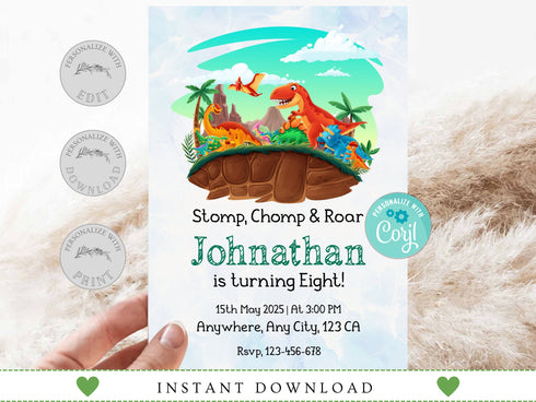 Dinosaur Birthday Invitation, Dinosaur Party Invite, Dinosaur Birthday Invite Boys, Cute Dinosaur Invite Digital, Editable Instant Download