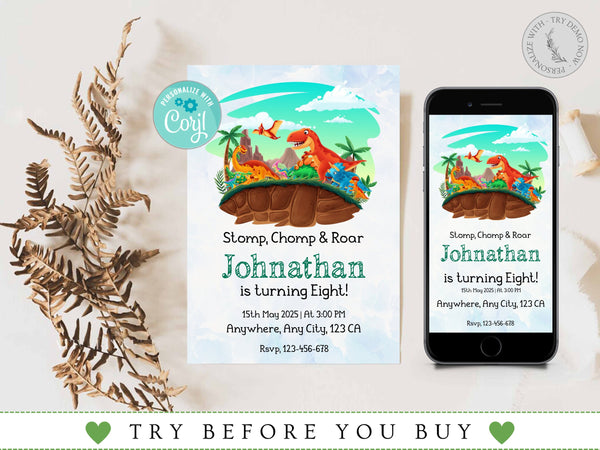 Dinosaur Birthday Invitation, Dinosaur Party Invite, Dinosaur Birthday Invite Boys, Cute Dinosaur Invite Digital, Editable Instant Download