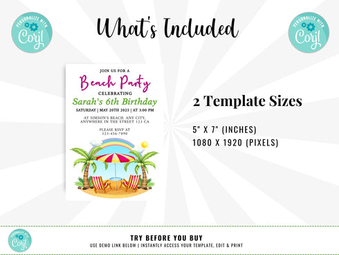 Editable Beach Birthday Invitation, Beach Invite, Beach Party Invitation, Summer Beach Party, Instant Download, Editable Template, Corjl