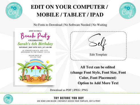 Editable Beach Birthday Invitation, Beach Invite, Beach Party Invitation, Summer Beach Party, Instant Download, Editable Template, Corjl