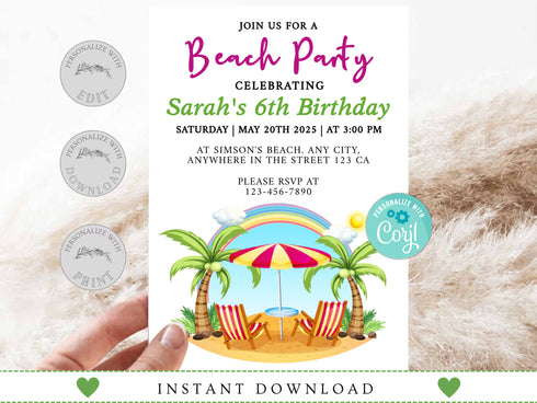 Editable Beach Birthday Invitation, Beach Invite, Beach Party Invitation, Summer Beach Party, Instant Download, Editable Template, Corjl