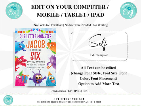 Editable Monster Birthday Invitation, Monster Birthday Party Invite, Monster Invitation, Little Monster Invitation, Printable Template