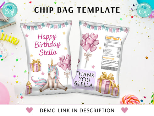 Editable Unicorn Chip Bag Wrapper Labels, Unicorn Bag Wrapper Labels, Unicorn Chip Bag Wrapper Labels, Digital Download